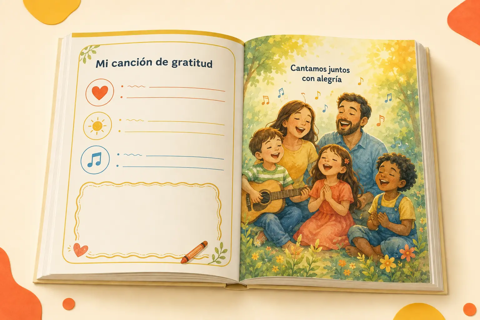 Libro físico abierto mostrando una actividad de gratitud y una familia cantando con alegría